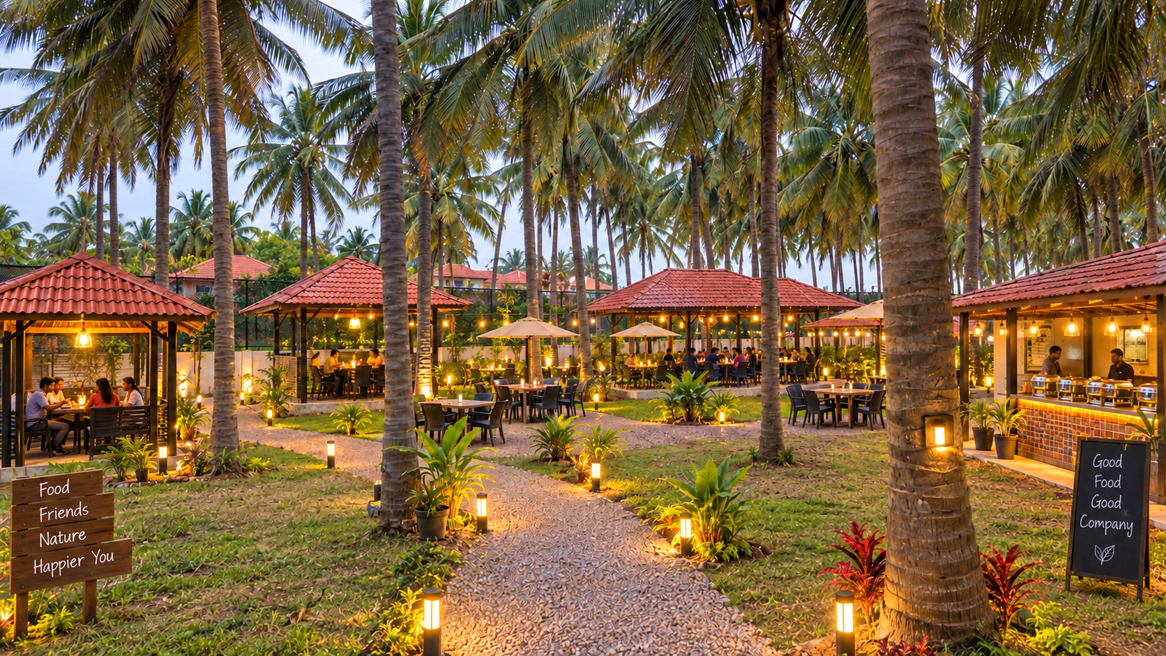 Nila Soru restaurant set among coconut palms